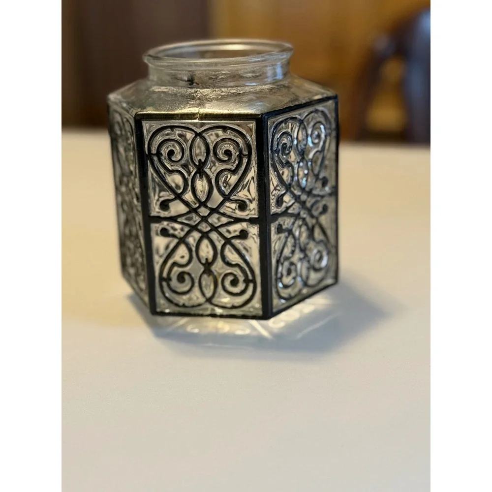 Vintage Hexagonal Clear Glass Black Scroll Filigree Decorative 5.5in Light Cover